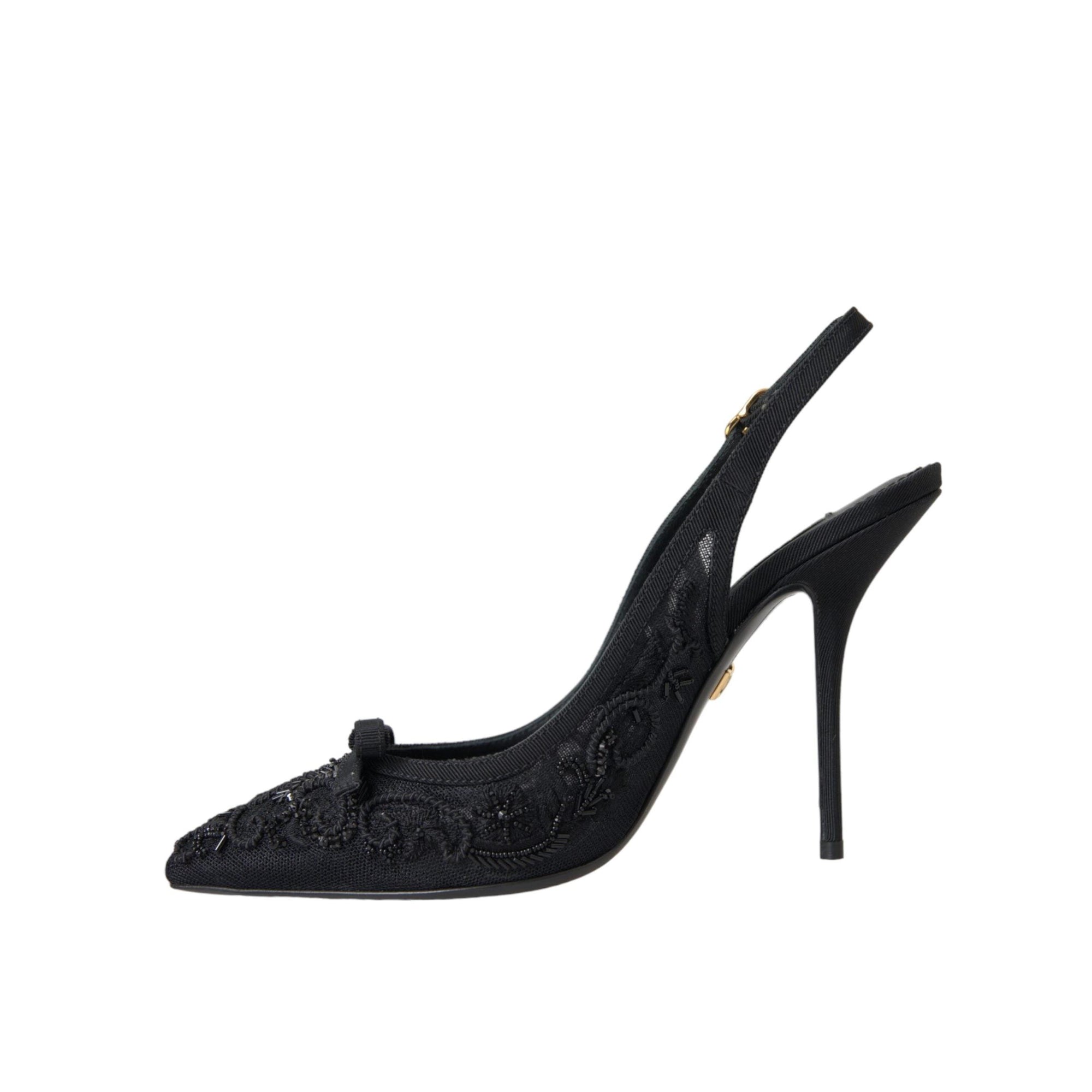 Dolce & Gabbana Black Tulle Ricamo Heels Slingbacks Shoes