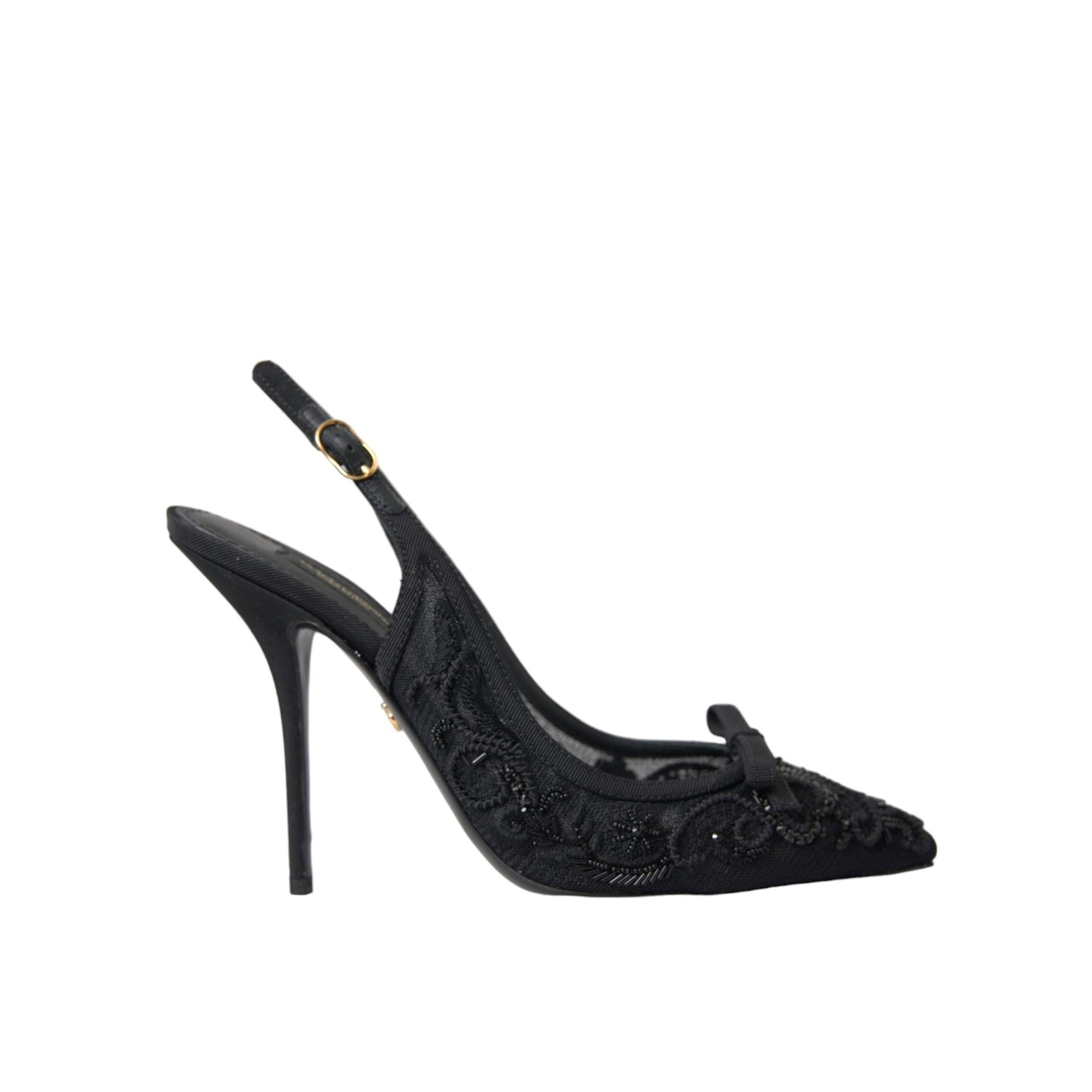 Dolce & Gabbana Black Tulle Ricamo Heels Slingbacks Shoes