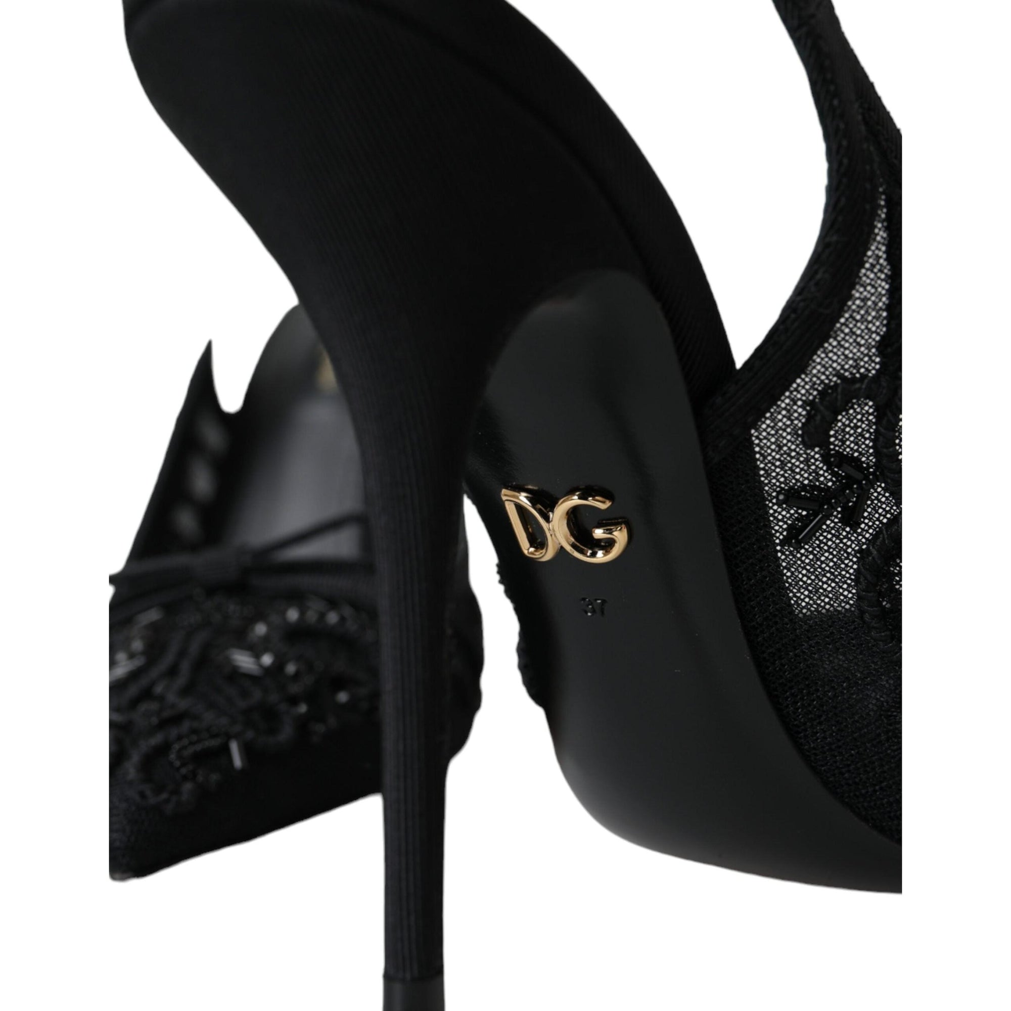 Dolce & Gabbana Black Tulle Ricamo Heels Slingbacks Shoes