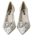 Dolce & Gabbana White Floral Lace DG Crystal Pumps Shoes