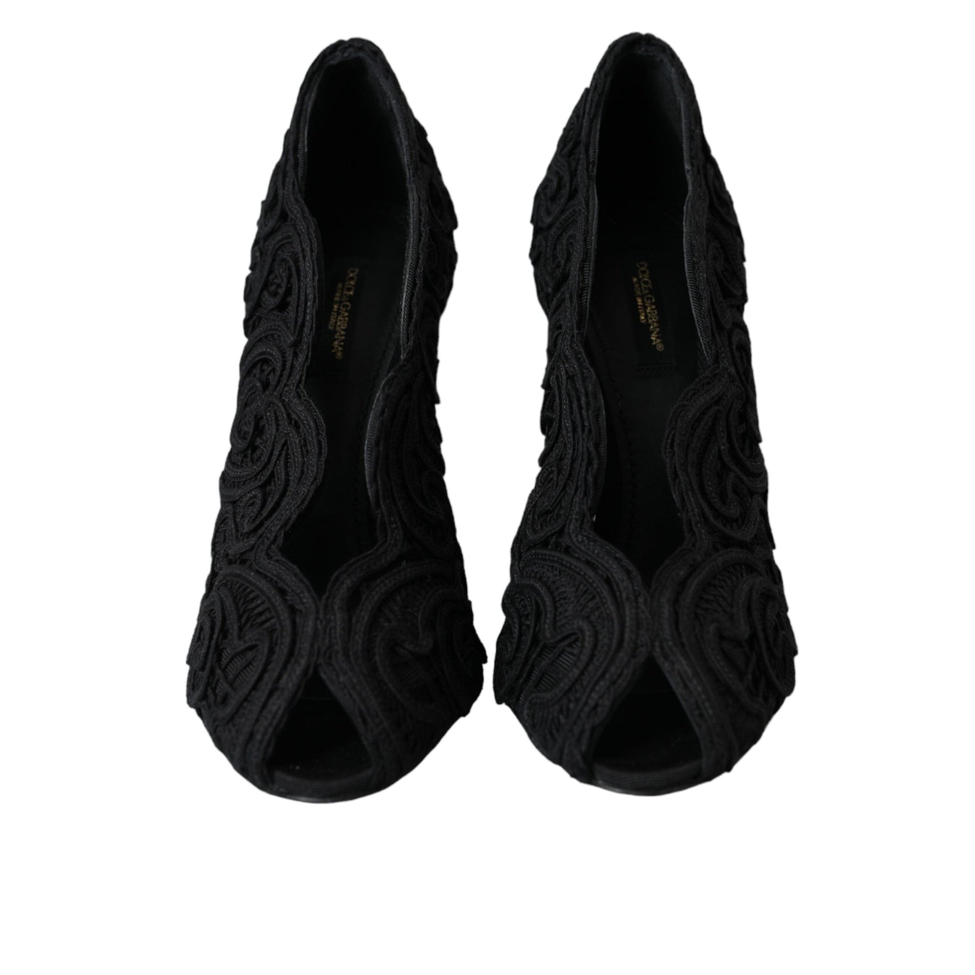 Dolce & Gabbana Black Cordonetto Ricamo Pump Open Toe Shoes