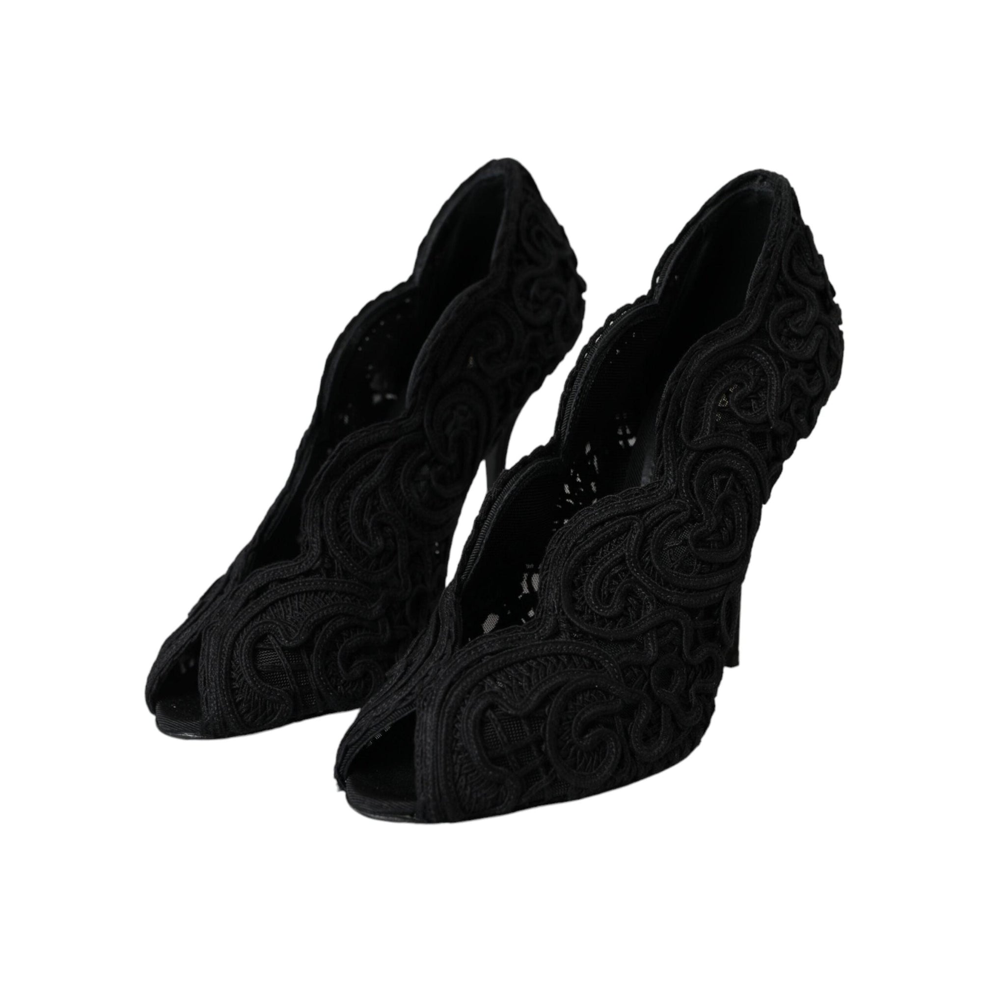 Dolce & Gabbana Black Cordonetto Ricamo Pump Open Toe Shoes