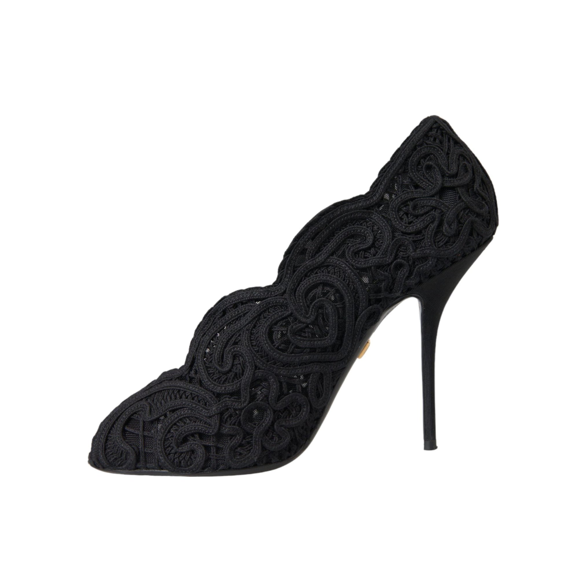Dolce & Gabbana Black Cordonetto Ricamo Pump Open Toe Shoes