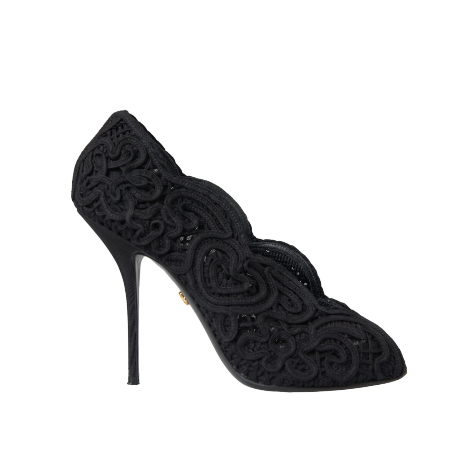 Dolce & Gabbana Black Cordonetto Ricamo Pump Open Toe Shoes