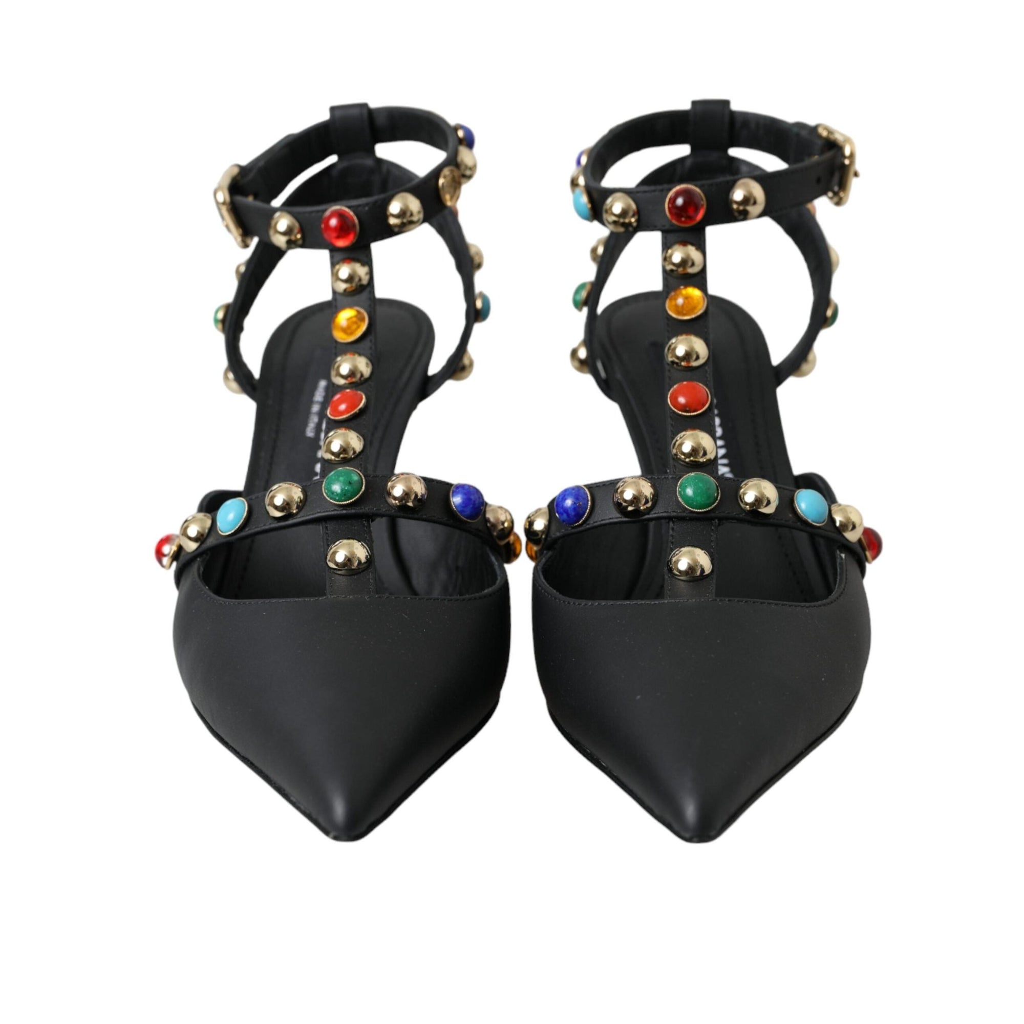 Dolce & Gabbana Black Leather Embellished Heels Sandal Shoes