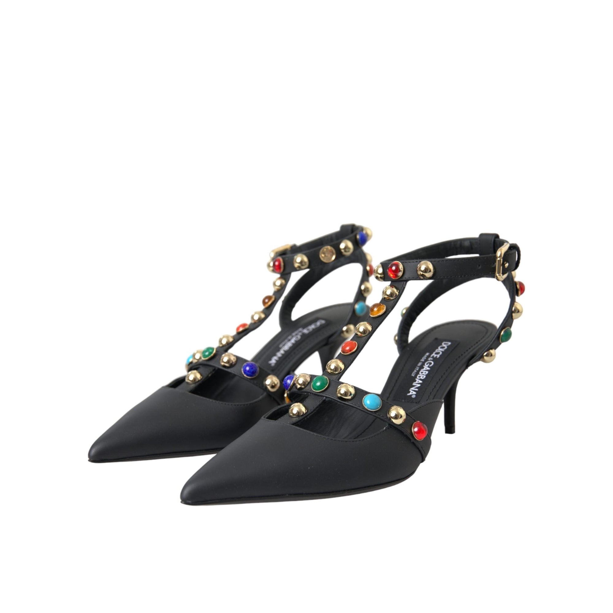 Dolce & Gabbana Black Leather Embellished Heels Sandal Shoes