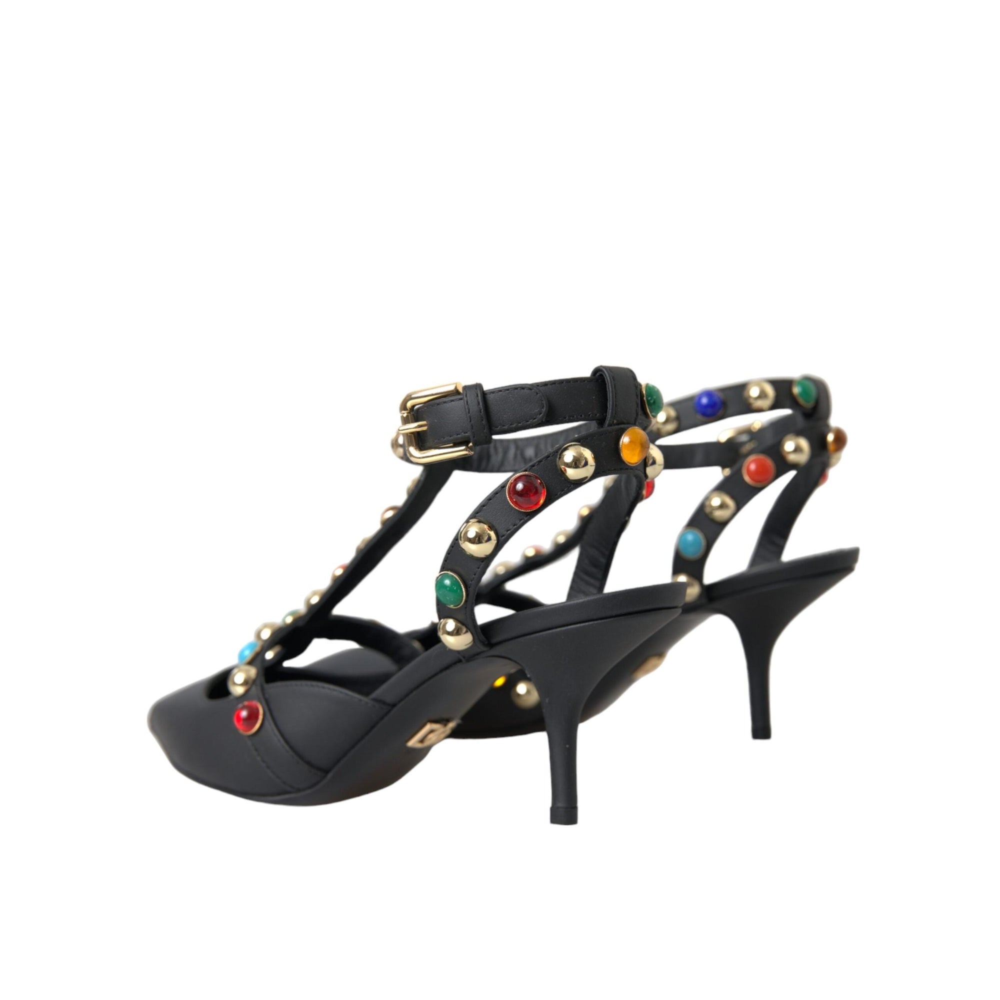 Dolce & Gabbana Black Leather Embellished Heels Sandal Shoes