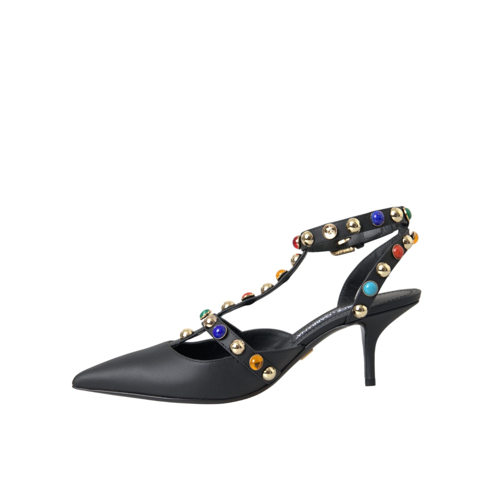 Dolce & Gabbana Black Leather Embellished Heels Sandal Shoes