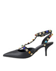 Dolce & Gabbana Black Leather Embellished Heels Sandal Shoes