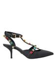Dolce & Gabbana Black Leather Embellished Heels Sandal Shoes