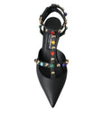 Dolce & Gabbana Black Leather Embellished Heels Sandal Shoes