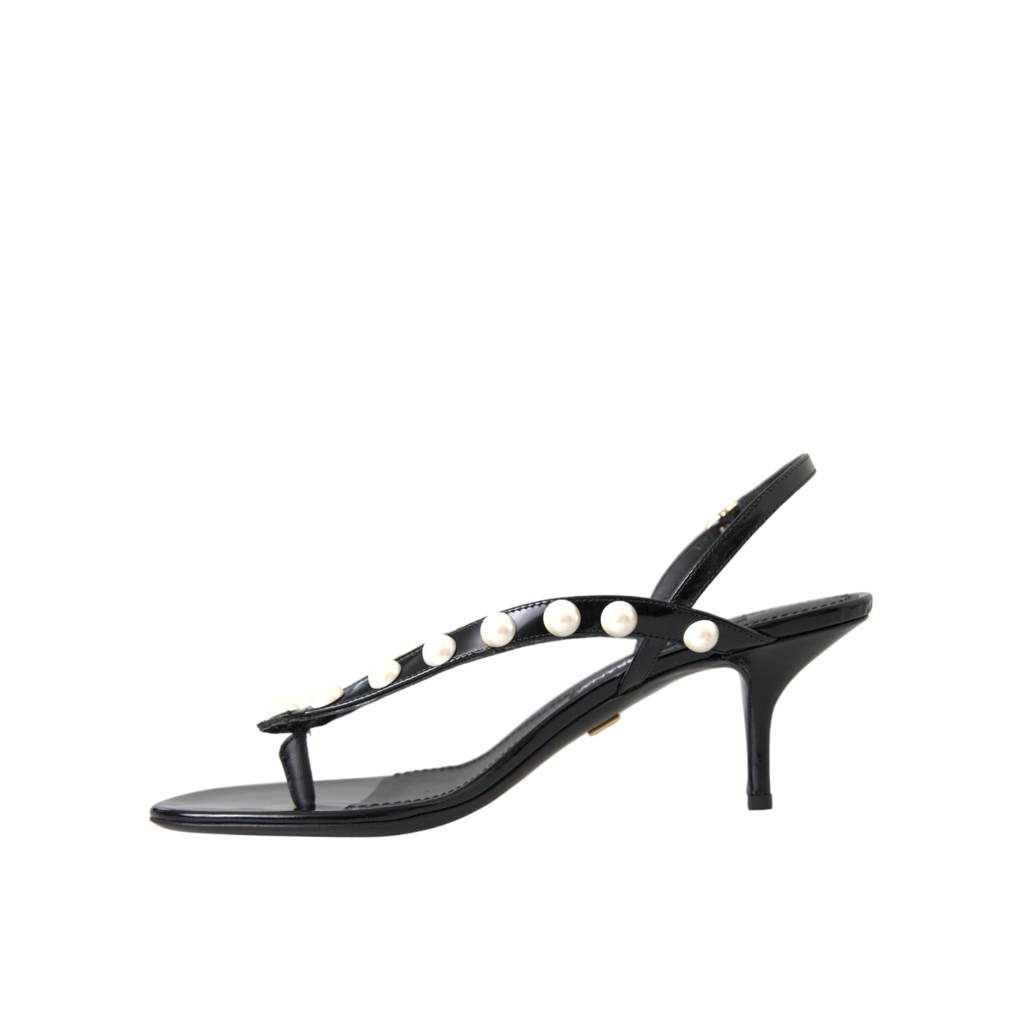 Dolce & Gabbana Black Leather Faux Pearl Heel Sandals Shoes