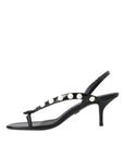 Dolce & Gabbana Black Leather Faux Pearl Heel Sandals Shoes