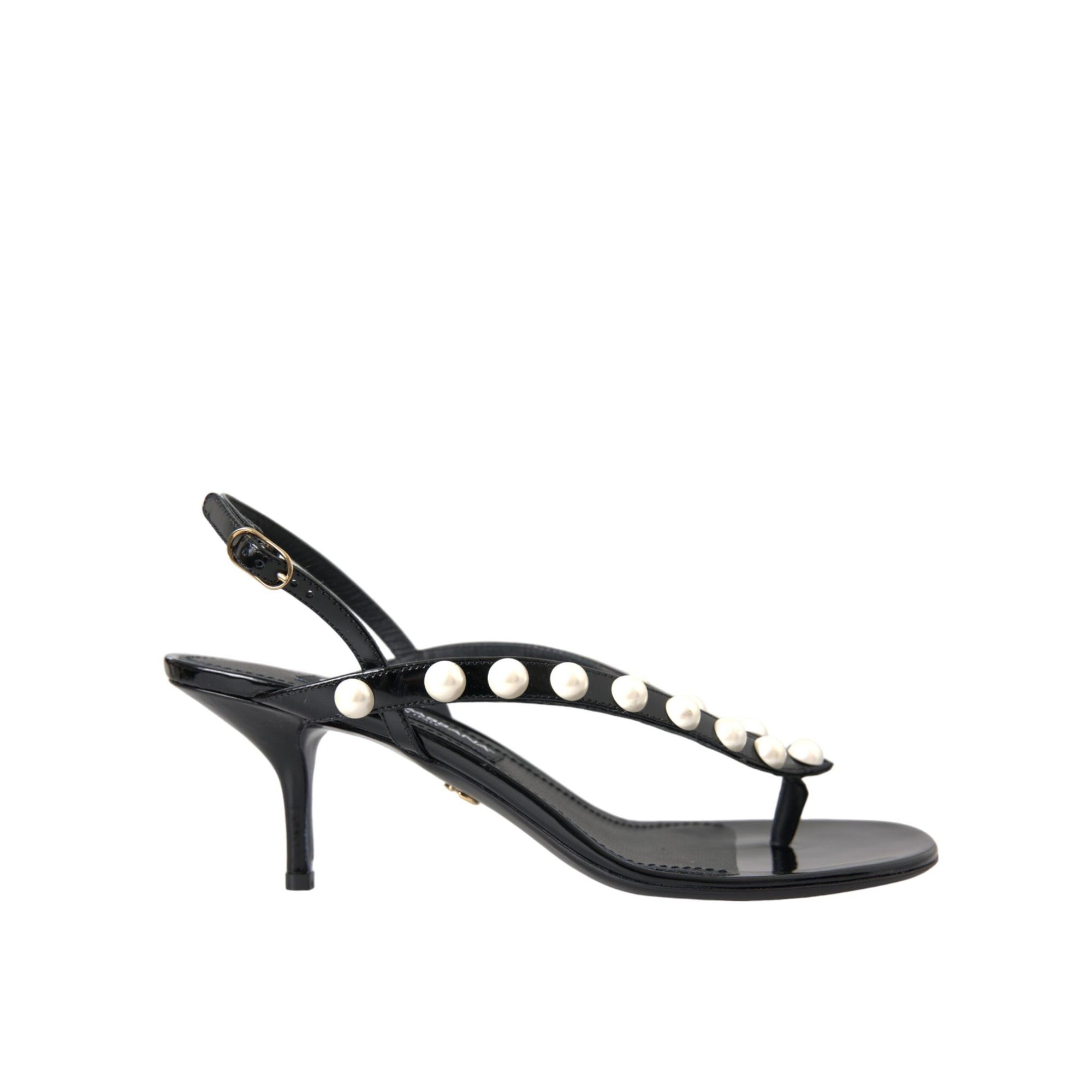 Dolce & Gabbana Black Leather Faux Pearl Heel Sandals Shoes