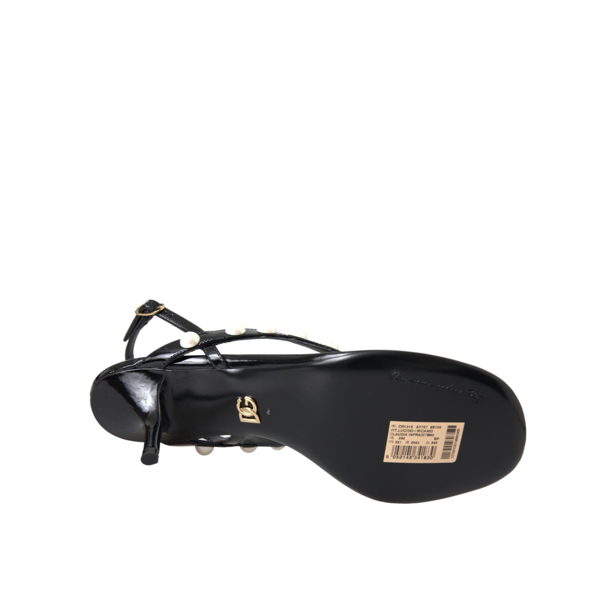 Dolce & Gabbana Black Leather Faux Pearl Heel Sandals Shoes