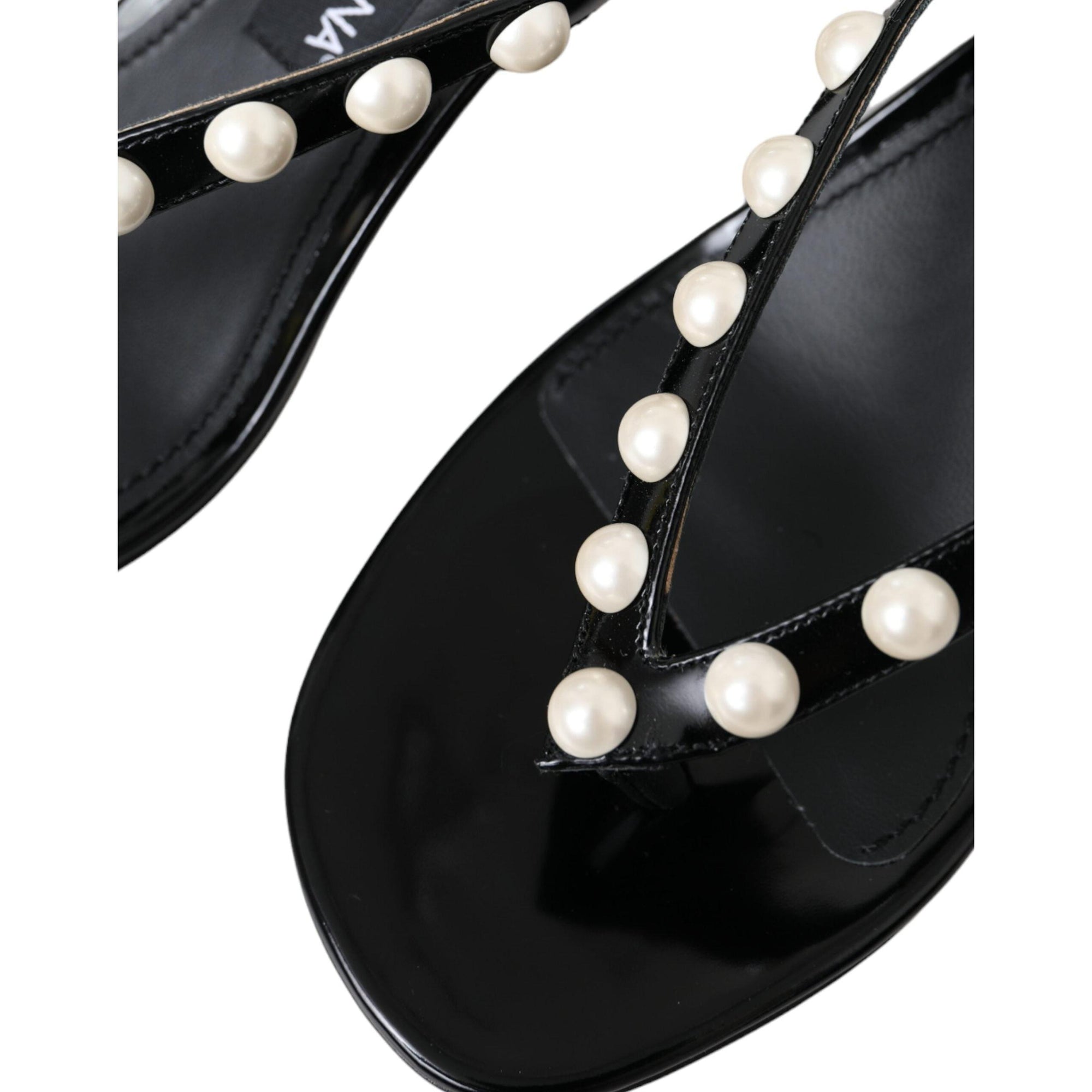 Dolce & Gabbana Black Leather Faux Pearl Heel Sandals Shoes