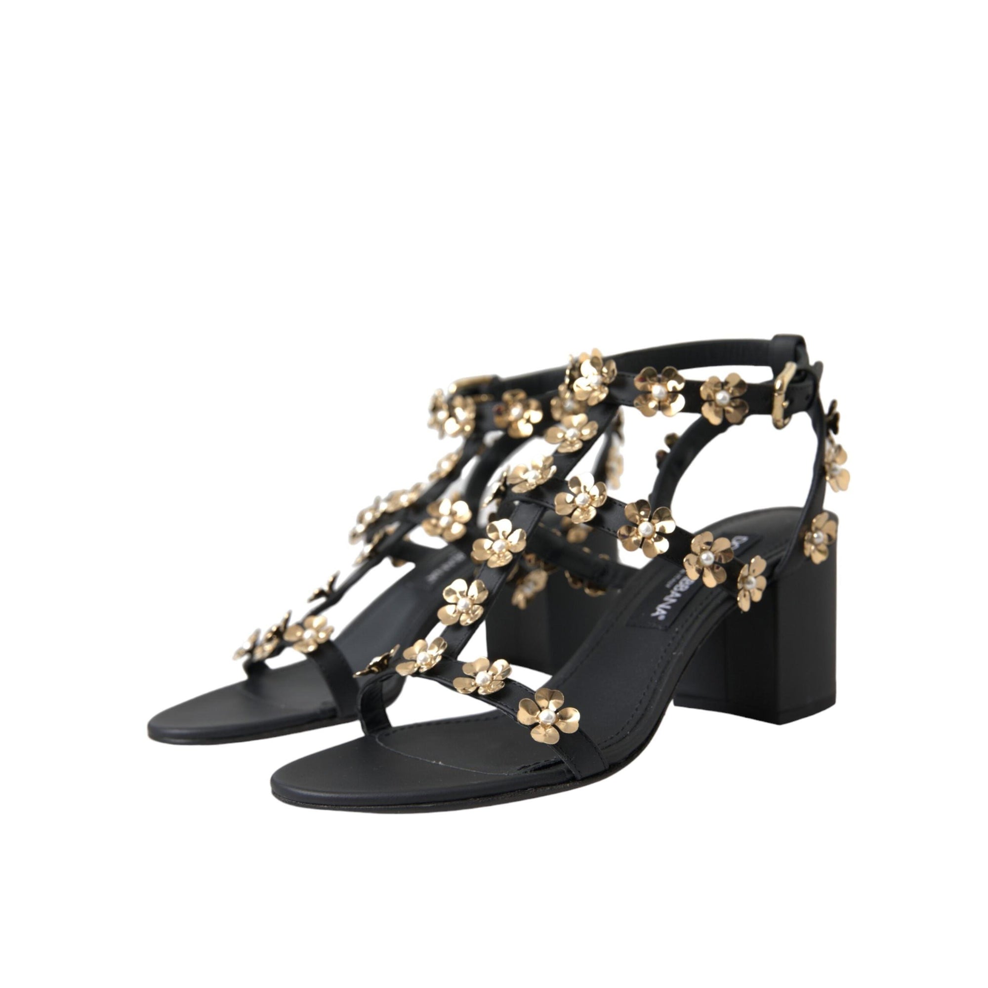 Dolce & Gabbana Black Leather Embellished Heel Sandal Shoes