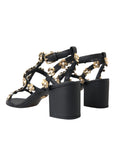 Dolce & Gabbana Black Leather Embellished Heel Sandal Shoes