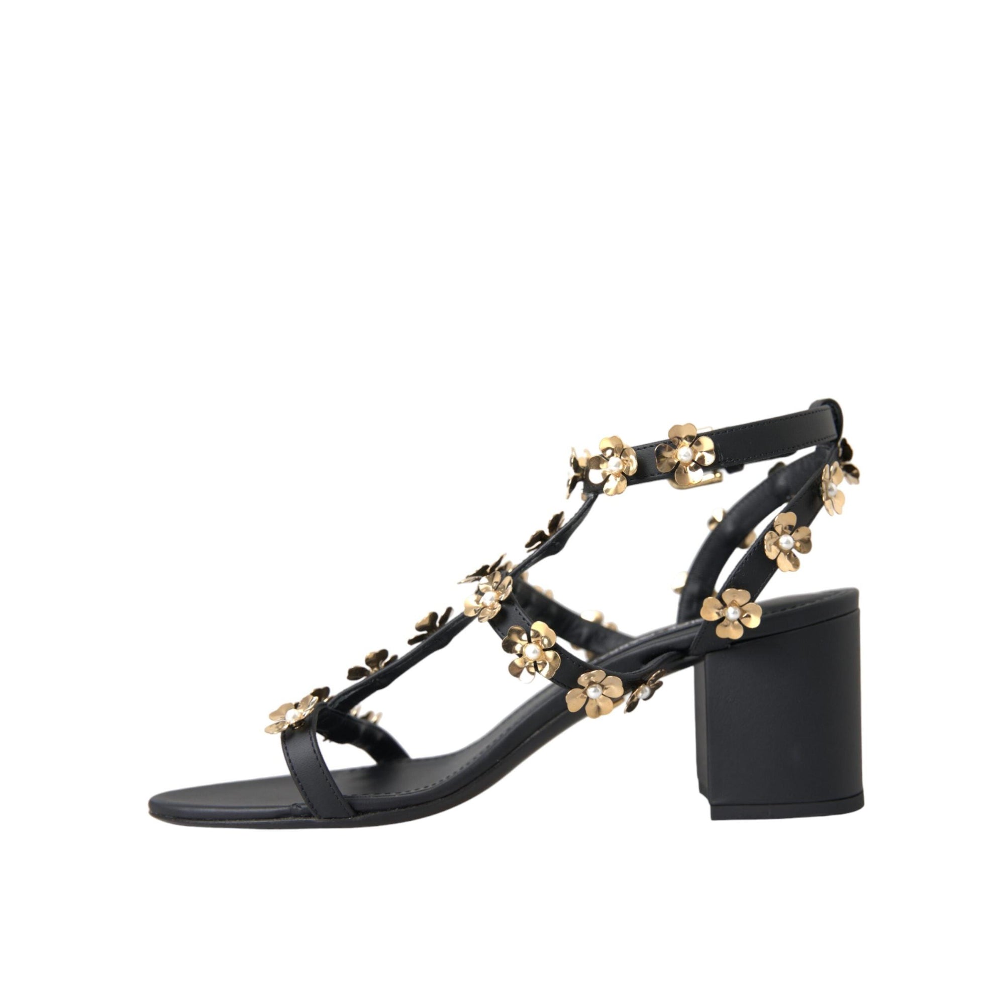 Dolce & Gabbana Black Leather Embellished Heel Sandal Shoes