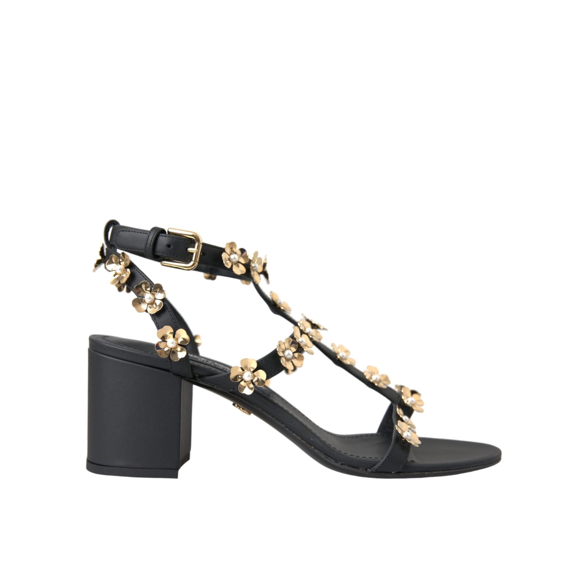 Dolce & Gabbana Black Leather Embellished Heel Sandal Shoes