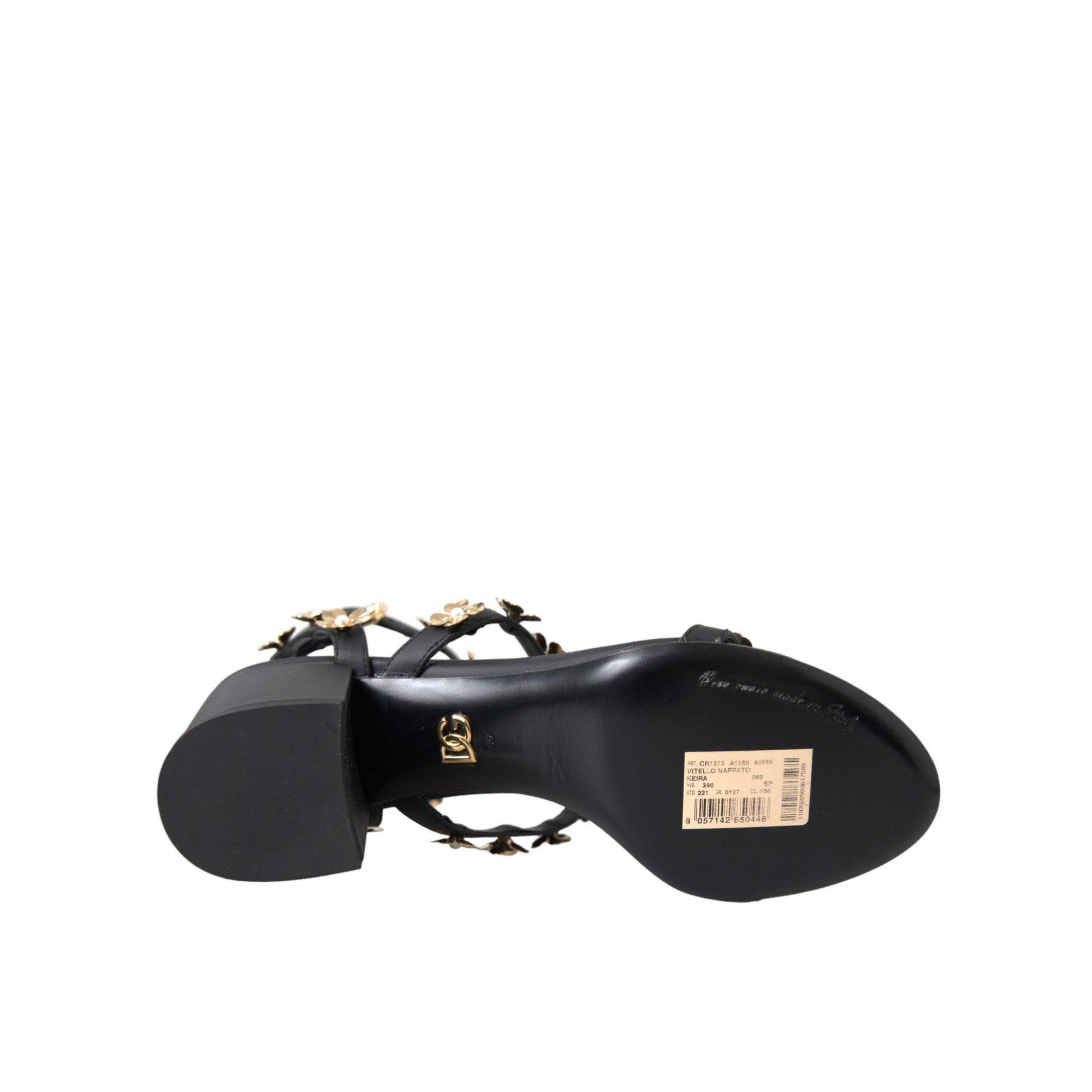 Dolce & Gabbana Black Leather Embellished Heel Sandal Shoes