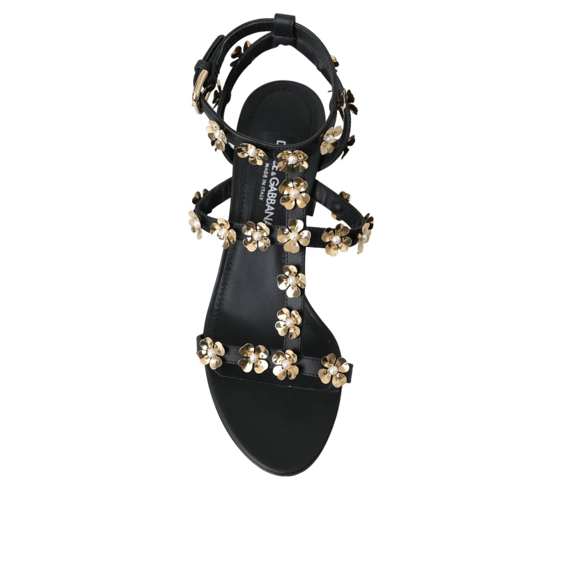 Dolce & Gabbana Black Leather Embellished Heel Sandal Shoes
