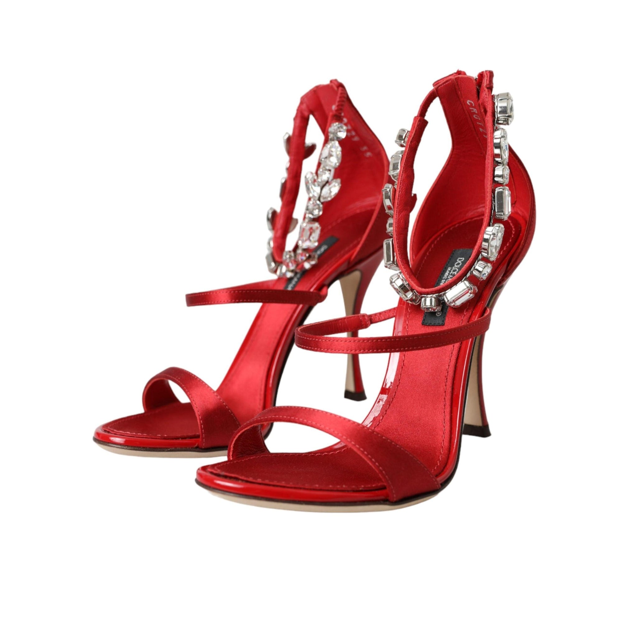 Dolce & Gabbana Red Keira Satin Crystals Sandals Heels Shoes