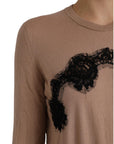 Dolce & Gabbana Brown Wool Black Lace 3/4 Sleeve Blouse Top