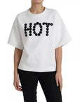 Dolce & Gabbana White Cotton Black HOT Crystal Top T-shirt