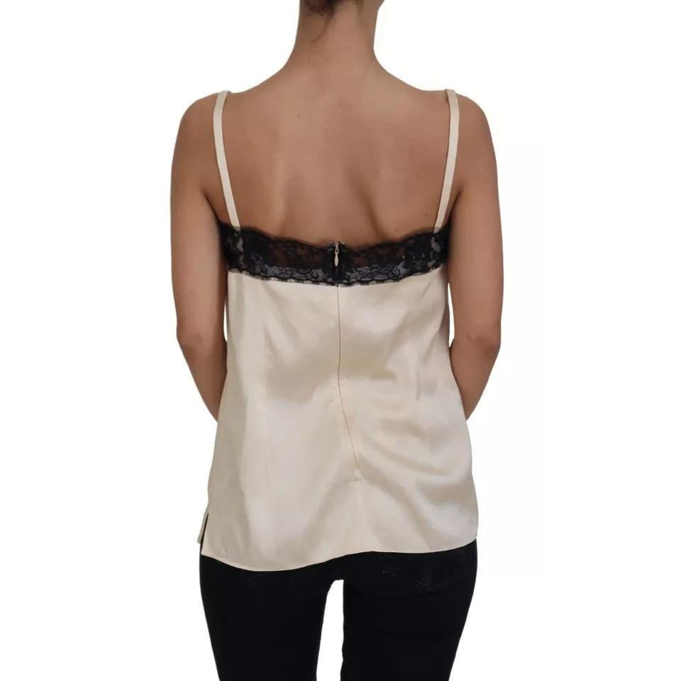 Dolce & Gabbana Beige Lace Spaghetti Logo Embroidery Top