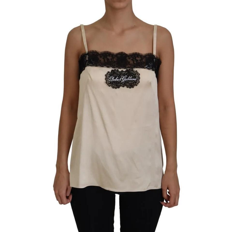 Dolce & Gabbana Beige Lace Spaghetti Logo Embroidery Top