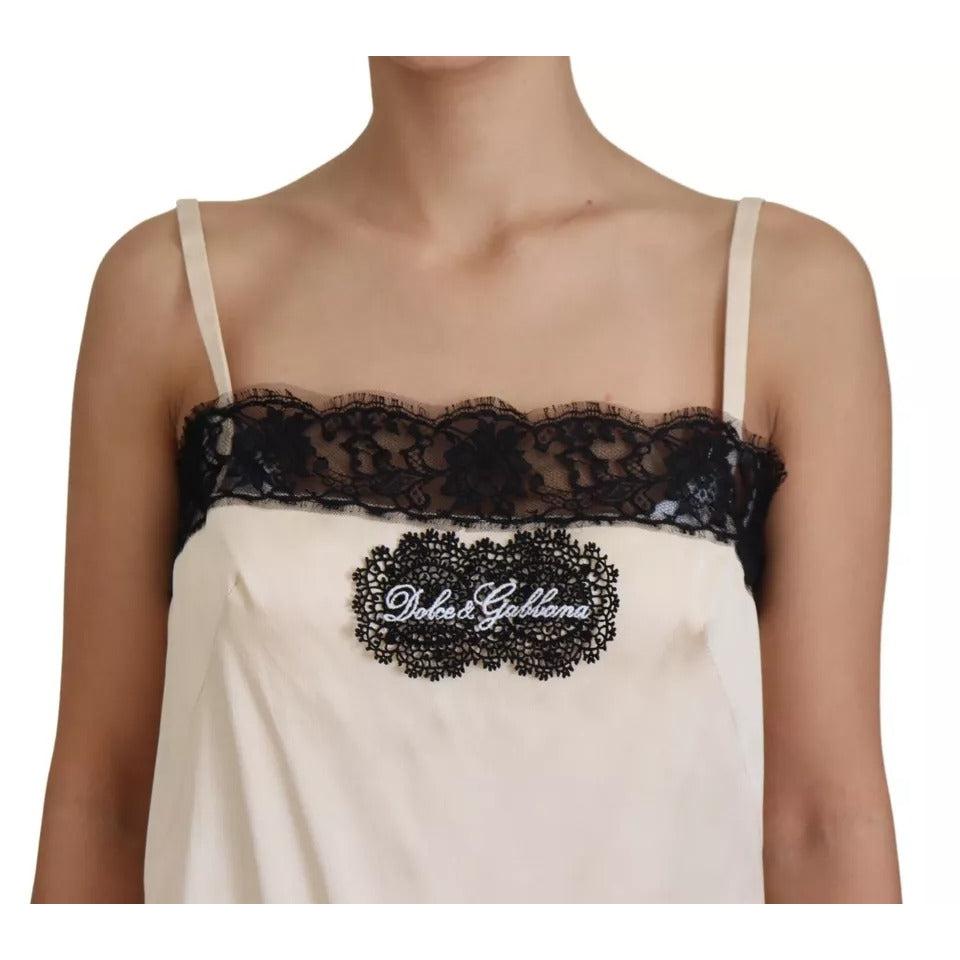 Dolce & Gabbana Beige Lace Spaghetti Logo Embroidery Top