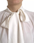 Dolce & Gabbana White Floral Silk Ascot Collared Top Blouse