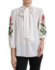 Dolce & Gabbana White Floral Silk Ascot Collared Top Blouse