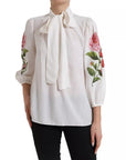 Dolce & Gabbana White Floral Silk Ascot Collared Top Blouse