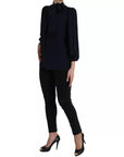Dolce & Gabbana Blue Long Sleeves Ascot Collar Blouse Top