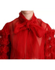 Dolce & Gabbana Red Silk Ascot Collar Ruffles Blouse Top