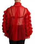 Dolce & Gabbana Red Silk Ascot Collar Ruffles Blouse Top