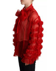 Dolce & Gabbana Red Silk Ascot Collar Ruffles Blouse Top