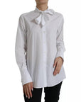 Dolce & Gabbana White Cotton Ascot Collar Long Sleeves Top