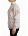Dolce & Gabbana White Cotton Lace Trim Turtle Neck Blouse Top