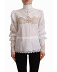 Dolce & Gabbana White Cotton Lace Trim Turtle Neck Blouse Top