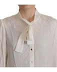 Dolce & Gabbana White Patterned Silk Ascot Collar Blouse Top