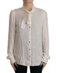 Dolce & Gabbana White Patterned Silk Ascot Collar Blouse Top