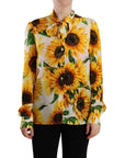 Dolce & Gabbana White Sunflower Silk Ascot Collar Blouse Top