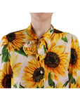 Dolce & Gabbana White Sunflower Silk Ascot Collar Blouse Top