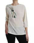 Dolce & Gabbana White Silk Crystal 3/4 Sleeves Blouse Top