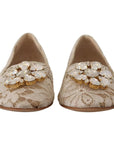 Dolce & Gabbana Beige Lace Crystal Ballet Flats Loafers Shoes