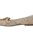 Dolce & Gabbana Beige Lace Crystal Ballet Flats Loafers Shoes
