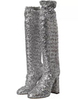 Dolce & Gabbana Silver Sequined High Boots Stretch Shoes